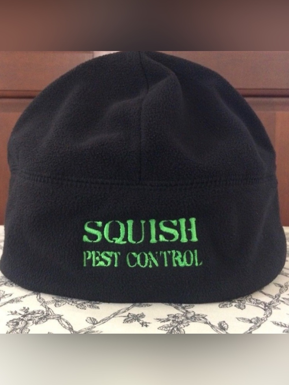 Port Authority Black Beanie:  "SQUISH PEST CONTROL" OSFM Funny Hat